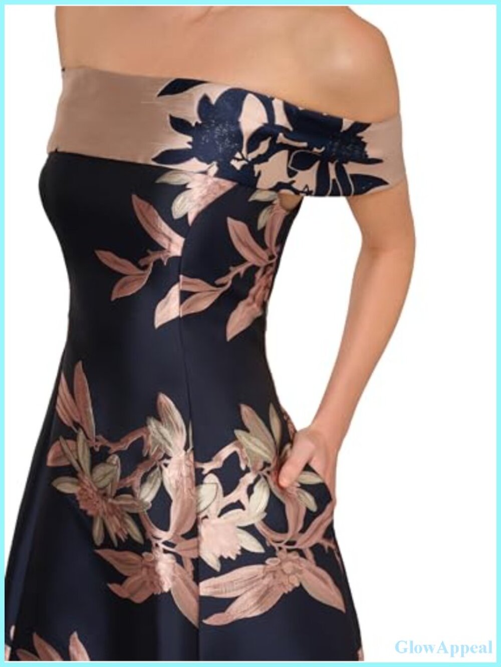 Off Shoulder Jacquard Formal Dress Fit & Flare Evening Gown - Picture 4 of 4